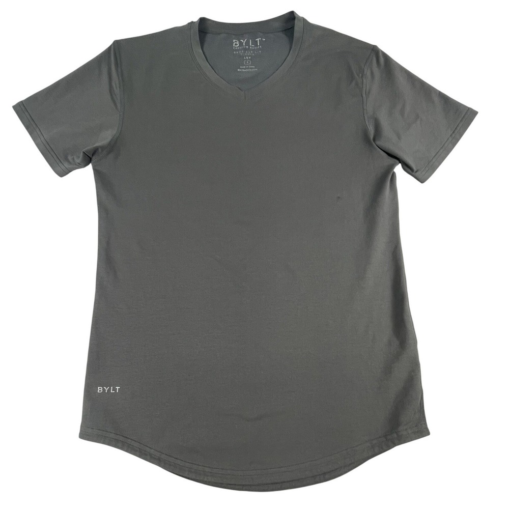 BYLT T-Shirt Mens S Gray Drop Cut Lux V-Neck Short Sleeve Curved‎ Hem Athletic